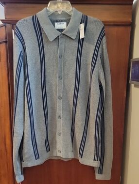 Old Navy | Men's Gray Button Down Cardigan Sweater with Navy Vertical Stripes XL